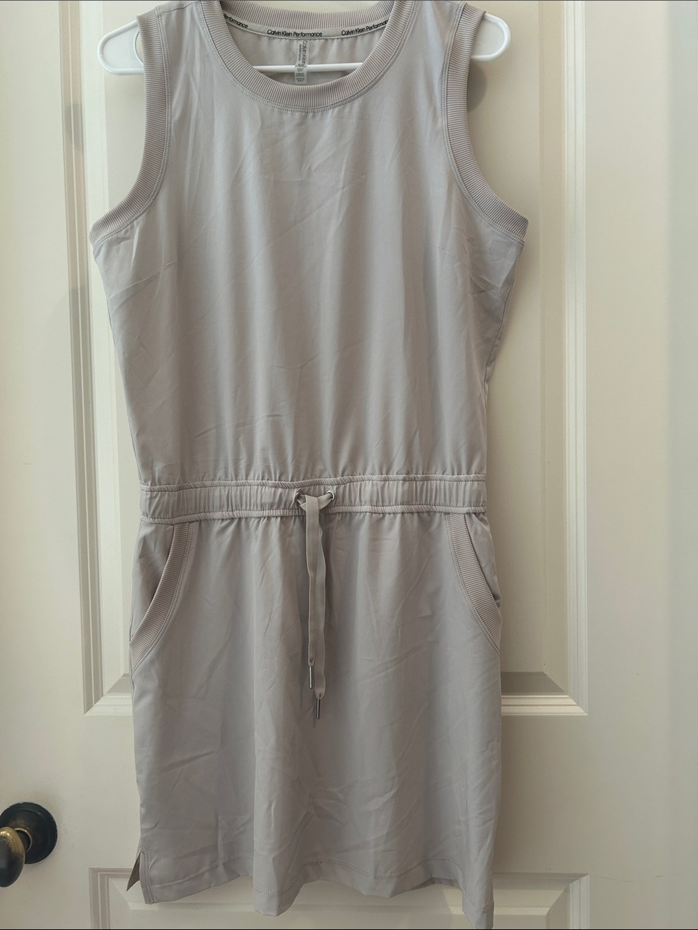 Calvin Klein Performance Sleeveless Drawstring Dress 12% Spandex pockets S beige